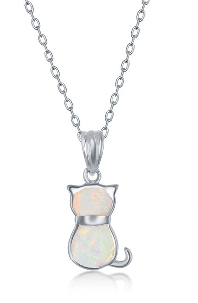 Simona Sterling Silver White Inlay Opal Cat Necklace & Earrings Set In White