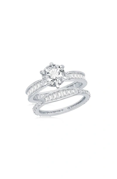 Simona Sterling Silver Baguette & Round Cubic Zirconia Engagement Ring Set In Silver