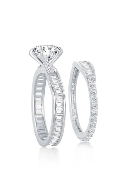Simona Sterling Silver Baguette & Round Cubic Zirconia Engagement Ring Set In Silver