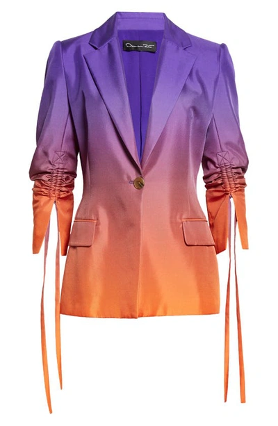 Shop Oscar De La Renta Ombré Ruched Sleeve Silk Twill Jacket In Violet/ Amber