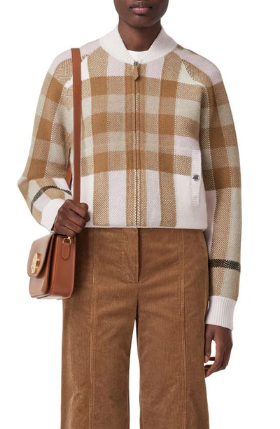 Shop Burberry Demmi Check Jacquard Wool & Cashmere Sweater Bomber Jacket In Beige