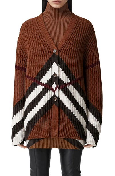 Shop Burberry Karine Kissing Check Cashmere & Cotton Long Cardigan In Dark Birch Brown