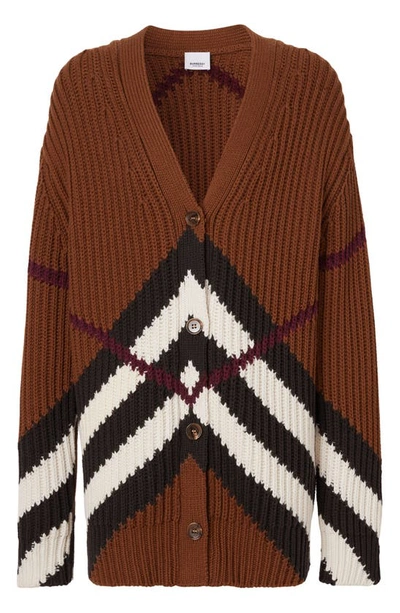 Shop Burberry Karine Kissing Check Cashmere & Cotton Long Cardigan In Dark Birch Brown