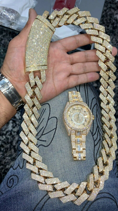 Pre-owned Online0369 Mens Pass Tester Moissanite 16 Mm X 16" Cuban Link Necklace Free Moissanite Stud In White