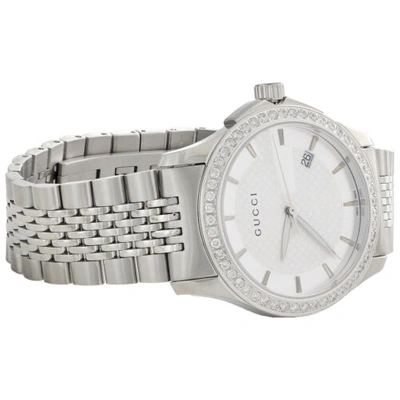 Pre-owned Gucci Ya126401 Genuine Diamond Watch Silver Dial Timeless 38mm Steel 1.75 Ct. In White