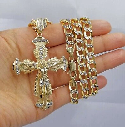 Pre-owned Globalwatches10 Real 10k Cuban Curb Link Necklace Pendant Set Jesus Crucifix Cross Chain In Yellow Gold