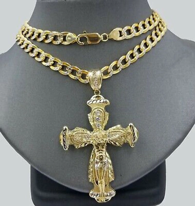 Pre-owned Globalwatches10 Real 10k Cuban Curb Link Necklace Pendant Set Jesus Crucifix Cross Chain In Yellow Gold
