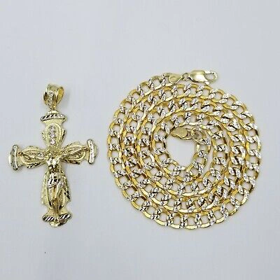 Pre-owned Globalwatches10 Real 10k Cuban Curb Link Necklace Pendant Set Jesus Crucifix Cross Chain In Yellow Gold