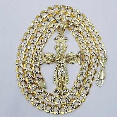 Pre-owned Globalwatches10 Real 10k Cuban Curb Link Necklace Pendant Set Jesus Crucifix Cross Chain In Yellow Gold