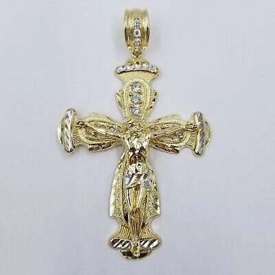 Pre-owned Globalwatches10 Real 10k Cuban Curb Link Necklace Pendant Set Jesus Crucifix Cross Chain In Yellow Gold