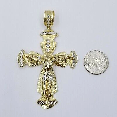 Pre-owned Globalwatches10 Real 10k Cuban Curb Link Necklace Pendant Set Jesus Crucifix Cross Chain In Yellow Gold
