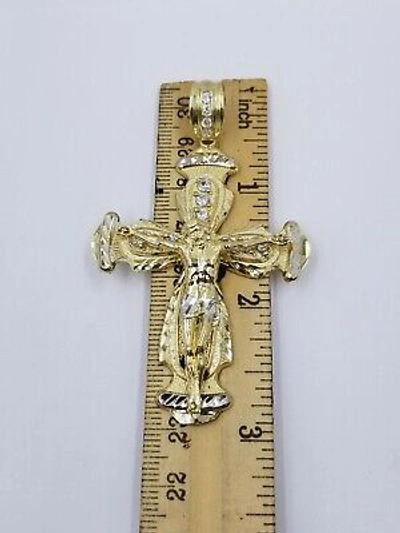 Pre-owned Globalwatches10 Real 10k Cuban Curb Link Necklace Pendant Set Jesus Crucifix Cross Chain In Yellow Gold