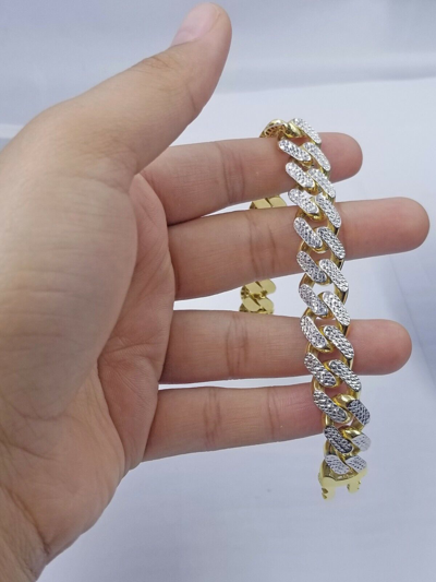 Pre-owned Globalwatches10 Real 10k Gold Monaco Chain`14mm Cuban Link Royal Bracelet Set Diamond Cut In Chain And Bracelet Set