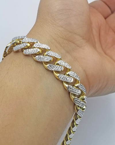 Pre-owned Globalwatches10 Real 10k Gold Monaco Chain`14mm Cuban Link Royal Bracelet Set Diamond Cut In Chain And Bracelet Set
