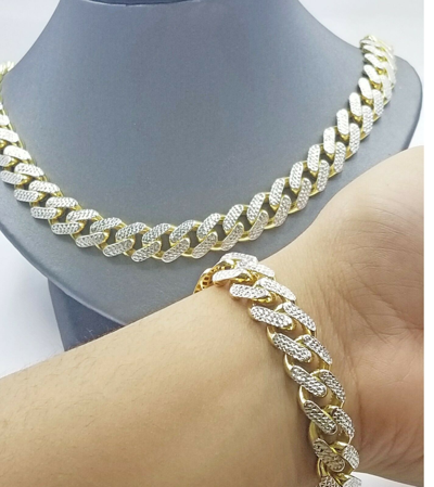 Pre-owned Globalwatches10 Real 10k Gold Monaco Chain`14mm Cuban Link Royal Bracelet Set Diamond Cut In Chain And Bracelet Set
