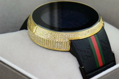 Pre-owned Gucci Mens Custom Yellow Full I- Digital Ya114207 White Diamond Watch 2.5ct. In H - I