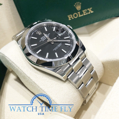 Pre-owned Rolex 126300 Datejust 41 Oyster Bracelet Black Index Stainless Steel Smooth Bezel