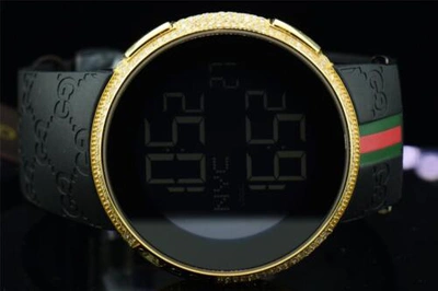 Pre-owned Gucci Mens Custom Yellow Full I- Digital Ya114207 White Diamond Watch 2.5ct. In H - I