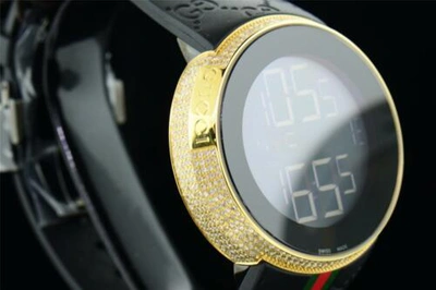Pre-owned Gucci Mens Custom Yellow Full I- Digital Ya114207 White Diamond Watch 2.5ct. In H - I