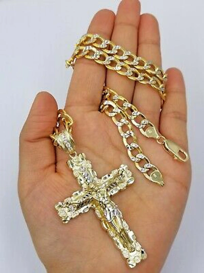 Pre-owned Globalwatches10 Real 10k Gold Cross 10k Cuban Link 26" Necklace 3" Pendant Charm Chain Set In Yellow Gold