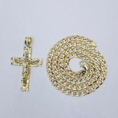 Pre-owned Globalwatches10 Real 10k Gold Cross 10k Cuban Link 26" Necklace 3" Pendant Charm Chain Set In Yellow Gold