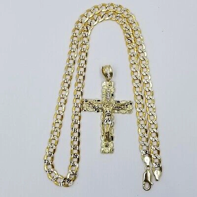 Pre-owned Globalwatches10 Real 10k Gold Cross 10k Cuban Link 26" Necklace 3" Pendant Charm Chain Set In Yellow Gold
