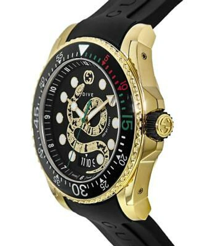 Pre-owned Gucci Dive Gold Tone Black Dial Rubber Strap Men's Watch Ya136219