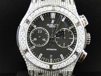 Pre-owned Hublot Mens Custom  Big Bang 44mm Leather Band Genuine Diamond Watch 10.5 Ct In Silver