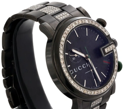 Pre-owned Gucci Diamond  Watch Mens 101g Ya101331 Black Pvd Chronograph Iced Band 4 Ct. In White