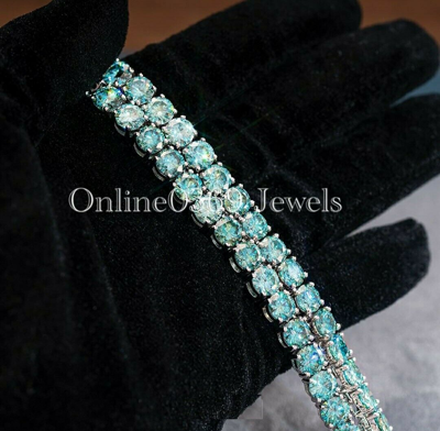 Pre-owned Online0369 Unisex 4mm Round Blue Natural Moissanite 22" Long Tennis Chain Sterling Silver In White