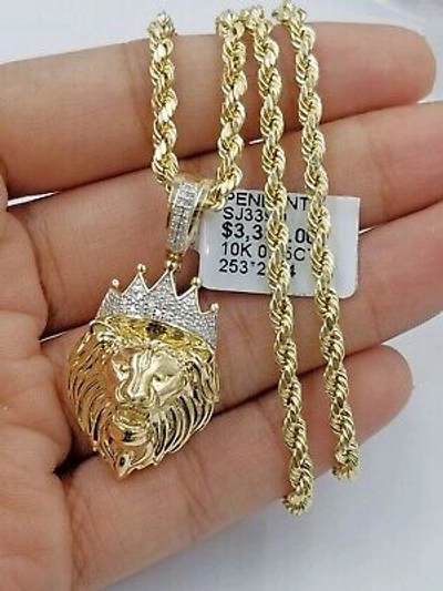 Pre-owned Globalwatches10 Real 10k Gold & Diamond Lion Head Charm 3mm Rope Chain 24 Inch Men's Women
