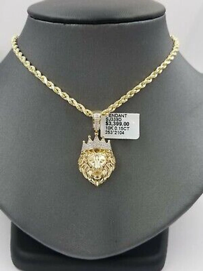 Pre-owned Globalwatches10 Real 10k Gold & Diamond Lion Head Charm 3mm Rope Chain 24 Inch Men's Women