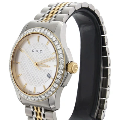 Pre-owned Gucci Ya126409 Diamond Watch G-timeless 38mm Two Tone Yellow S. Steel Pvd 2 Ct. In White