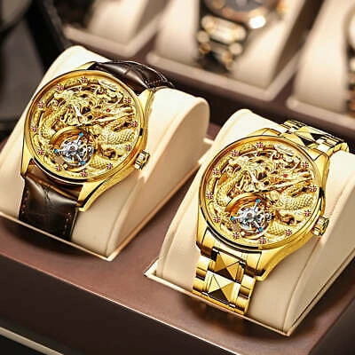 Pre-owned Oupinke Gold Sapphire Glass Tourbillon Mechanical Skeleton Watch Rotary Wristwatch 3176g