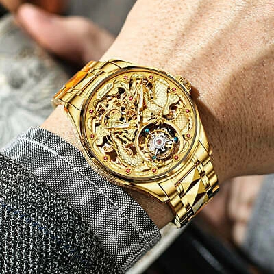 Pre-owned Oupinke Gold Sapphire Glass Tourbillon Mechanical Skeleton Watch Rotary Wristwatch 3176g