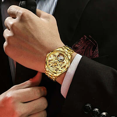 Pre-owned Oupinke Gold Sapphire Glass Tourbillon Mechanical Skeleton Watch Rotary Wristwatch 3176g