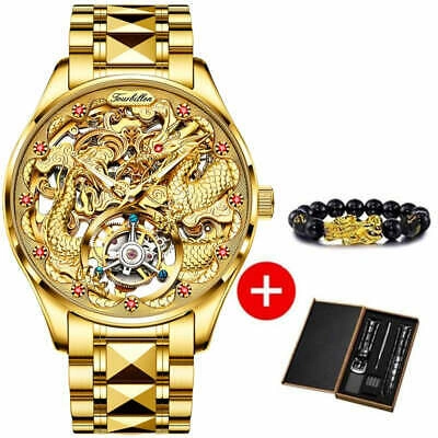 Pre-owned Oupinke Gold Sapphire Glass Tourbillon Mechanical Skeleton Watch Rotary Wristwatch 3176g