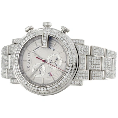 Pre-owned Gucci Mens Custom Diamond  101 Watch Ya101339 White Dial 44mm Chronograph 15 Ct