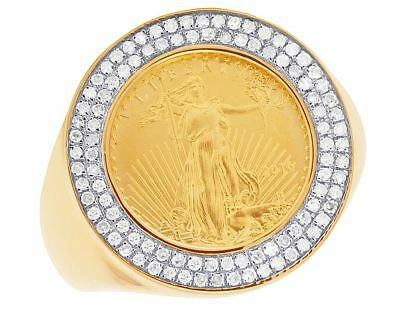 Pre-owned Jewelry Unlimited Men's 10k Yellow Gold Genuine Diamond 1/10 oz Lady Liberty Coin Ring .45 Ct 22mm