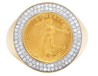 Pre-owned Jewelry Unlimited Men's 10k Yellow Gold Genuine Diamond 1/10 oz Lady Liberty Coin Ring .45 Ct 22mm