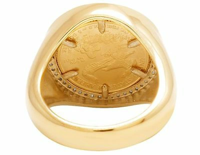 Pre-owned Jewelry Unlimited Men's 10k Yellow Gold Genuine Diamond 1/10 oz Lady Liberty Coin Ring .45 Ct 22mm