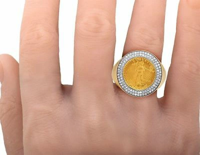 Pre-owned Jewelry Unlimited Men's 10k Yellow Gold Genuine Diamond 1/10 oz Lady Liberty Coin Ring .45 Ct 22mm