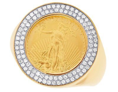 Pre-owned Jewelry Unlimited Men's 10k Yellow Gold Genuine Diamond 1/10 oz Lady Liberty Coin Ring .45 Ct 22mm