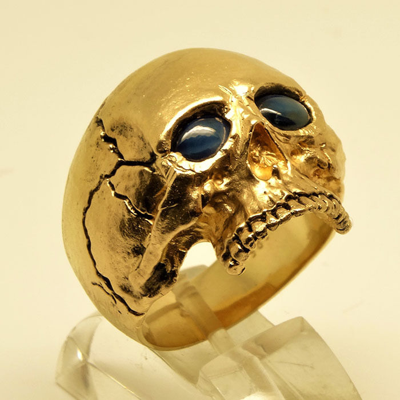 Pre-owned Uniqable 14k Yellow Gold Skull Ring 30 Gr Memento Mori Biker Sapphire Size By