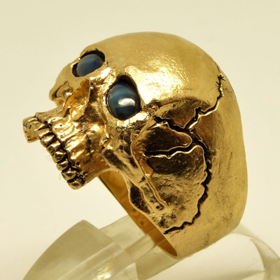 Pre-owned Uniqable 14k Yellow Gold Skull Ring 30 Gr Memento Mori Biker Sapphire Size By