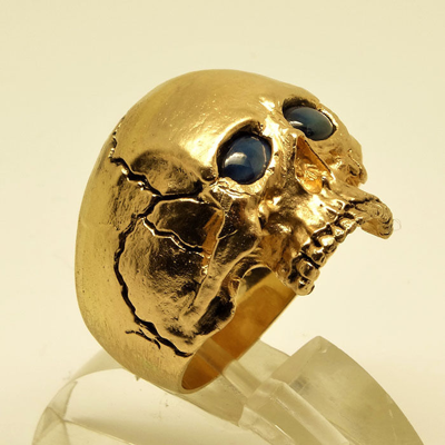 Pre-owned Uniqable 14k Yellow Gold Skull Ring 30 Gr Memento Mori Biker Sapphire Size By