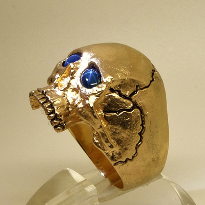 Pre-owned Uniqable 14k Yellow Gold Skull Ring 30 Gr Memento Mori Biker Sapphire Size By