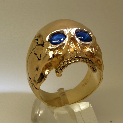 Pre-owned Uniqable 14k Yellow Gold Skull Ring 30 Gr Memento Mori Biker Sapphire Size By