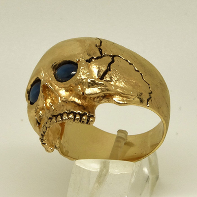 Pre-owned Uniqable 14k Yellow Gold Skull Ring 30 Gr Memento Mori Biker Sapphire Size By