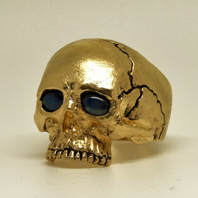 Pre-owned Uniqable 14k Yellow Gold Skull Ring 30 Gr Memento Mori Biker Sapphire Size By